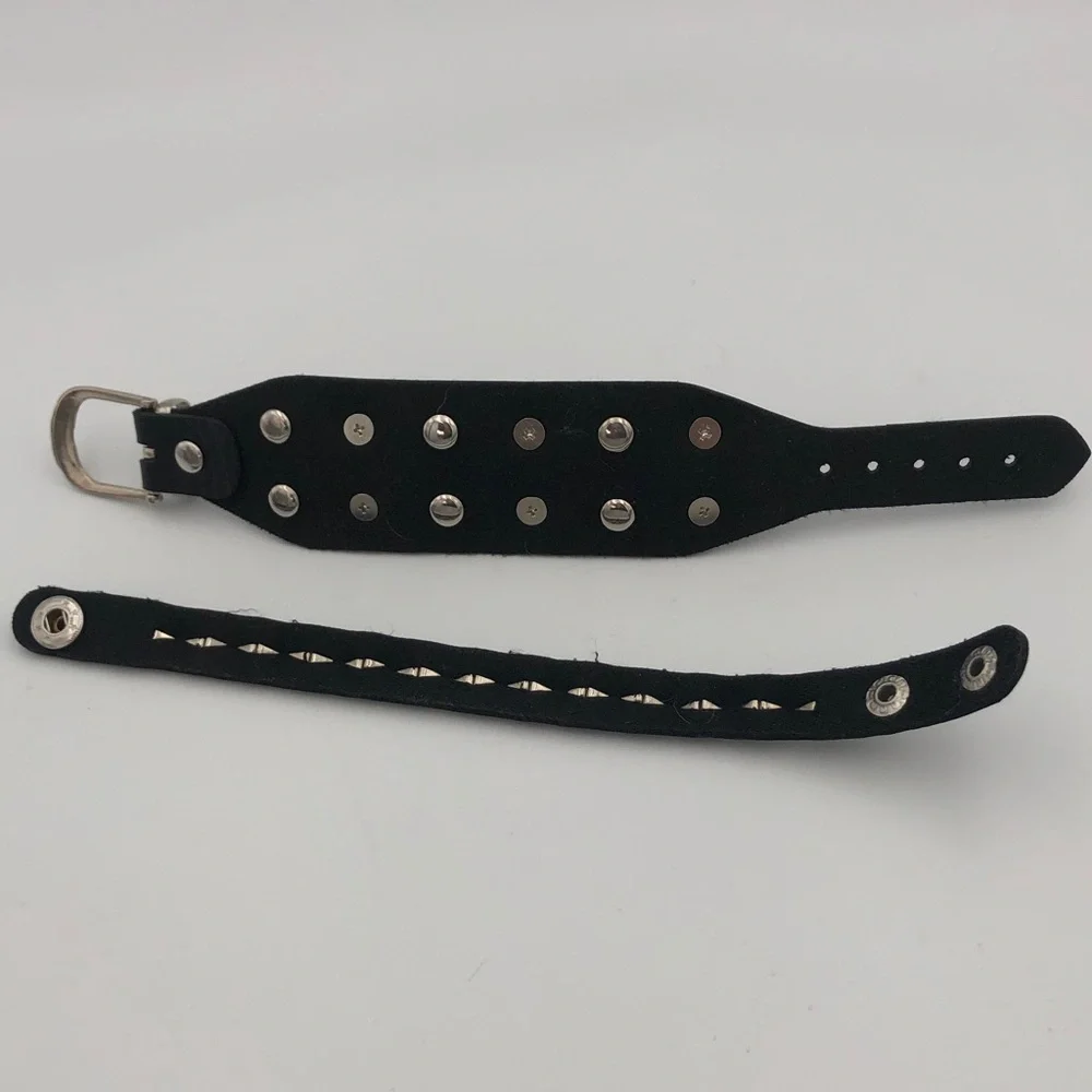Mens Bracelet Set of 2 New Black Silver-tone Studded And Spikes - Picture 2 of 7